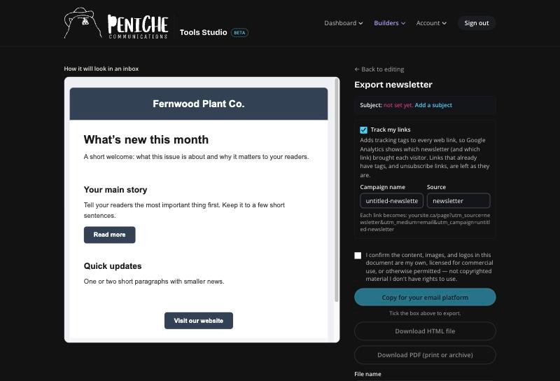 The Newsletter Builder's Export page: the newsletter shown as it will look in an inbox on the left; on the right, the subject, a ticked Track my links option, the confirmation tick box and the Copy for your email platform button.