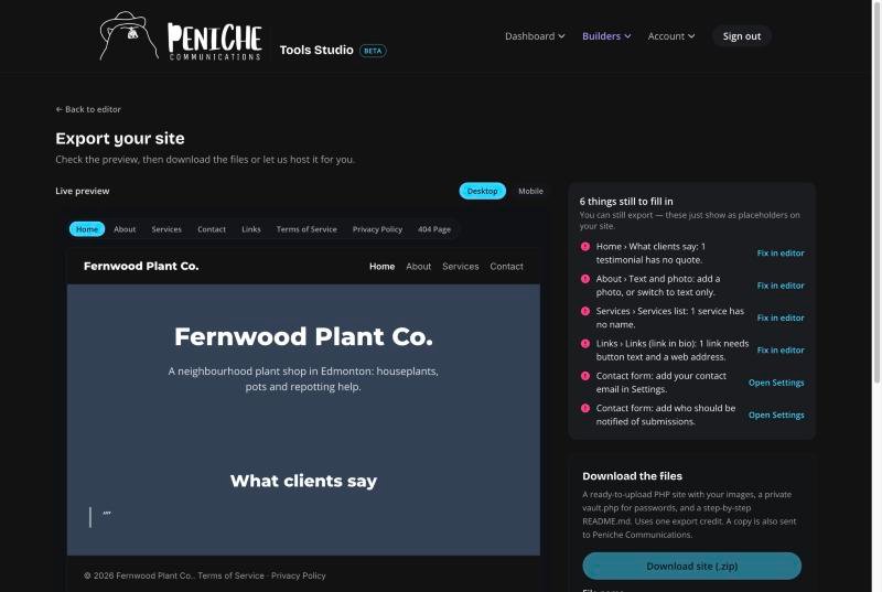 The Website Builder's Export page: a live preview of the site on the left; on the right, a list of things still to fill in, each with a Fix in editor link, and the Download site (.zip) button.